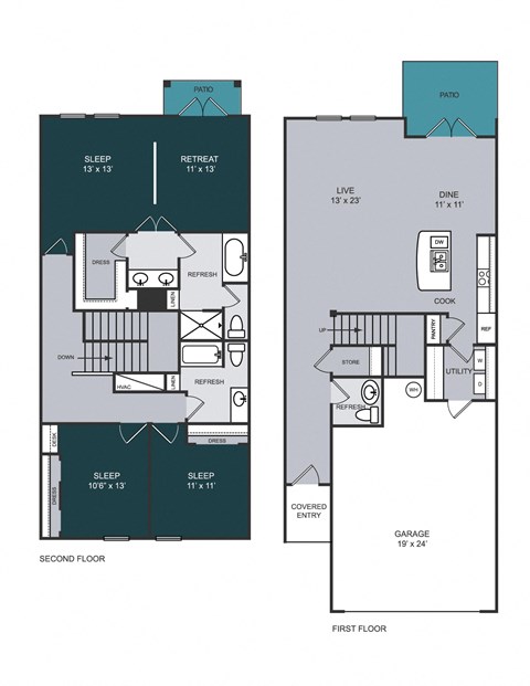Floor plan for 3 beds, 2.5 baths, 1999 sqft